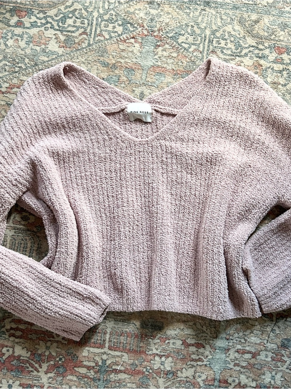 Pink Rose Plush Vneck Soft Sweater